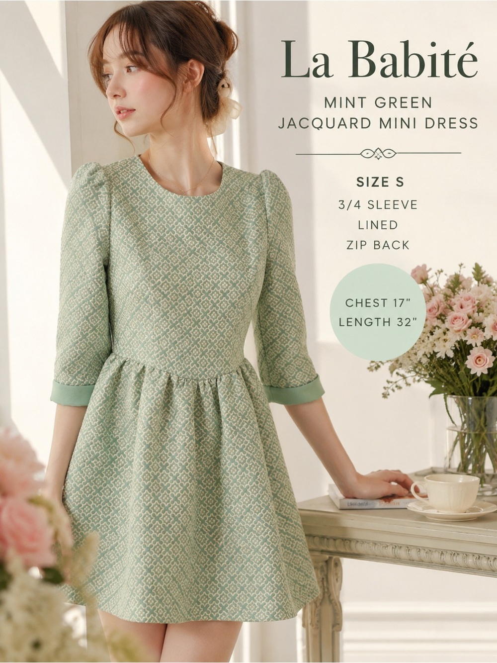 La Babité Mint Green Jacquard Mini Dress Size Small